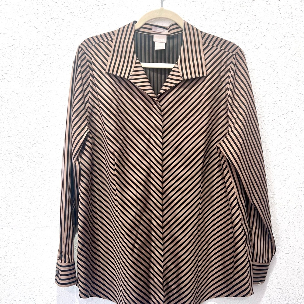 CHICOS no iron Striped Black‎ and Tan Women's Top 12/L